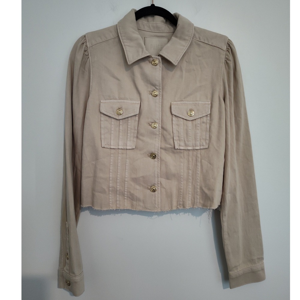 PAIGE Women Soft Beige Cropped Denim Jacket Puff Shoulder Raw Hem 8378G35-5085 M